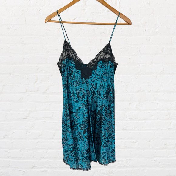 VINTAGE | 1980’s Vanity Fair Teal Black Lace Intimates Slip Dress & Robe Set - Picture 5 of 11